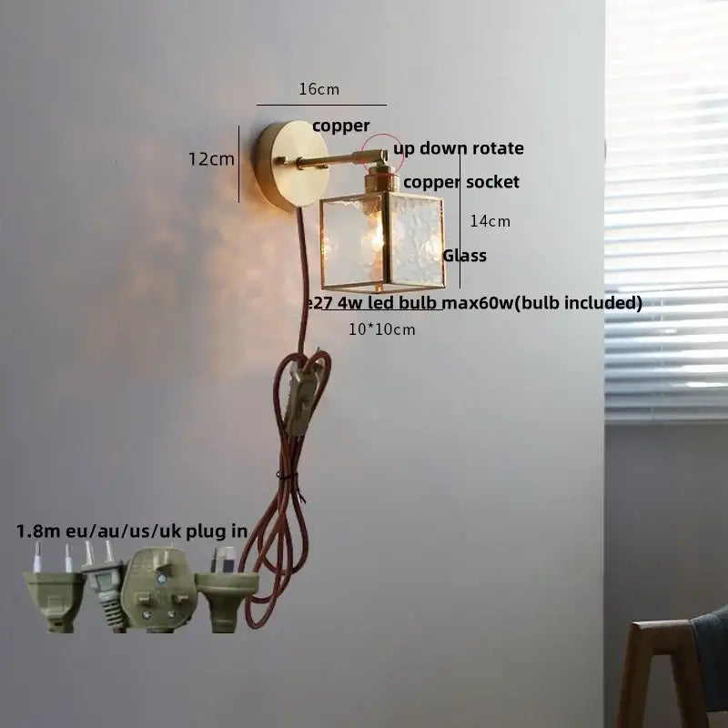 Crown glass led wall light with brass pull chain bedroom fixture