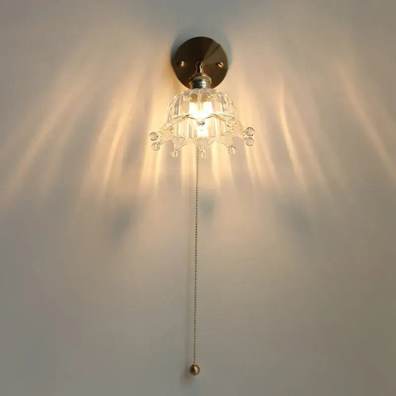 Crown glass led wall light with brass pull chain bedroom fixture