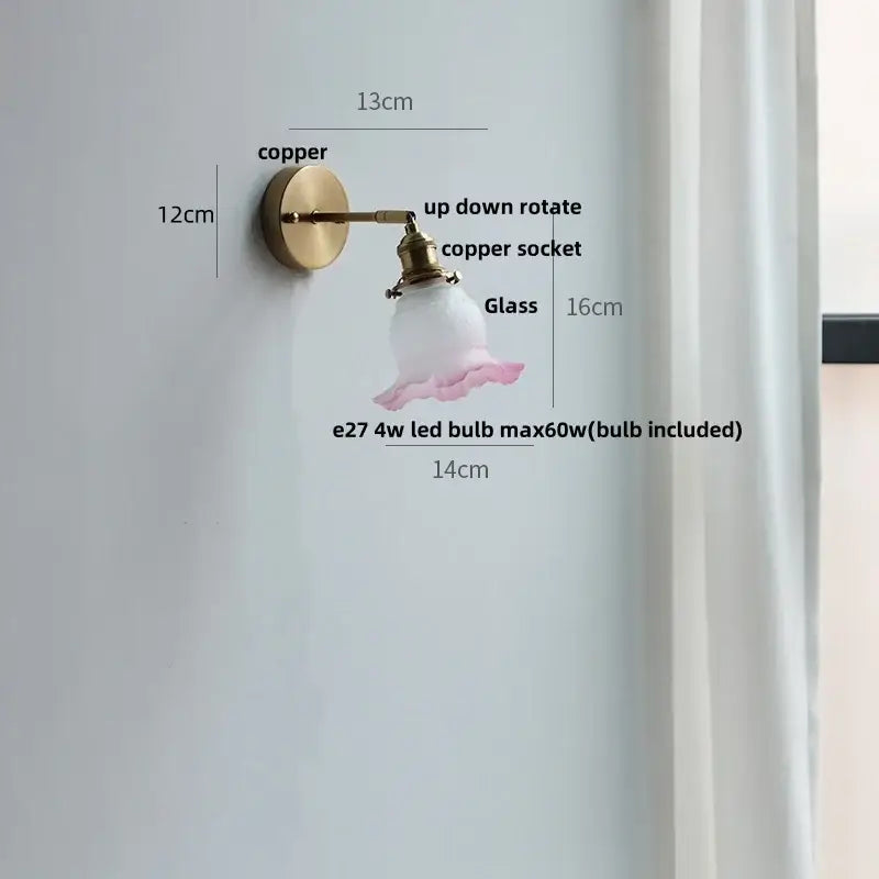 Crown glass led wall light with brass pull chain bedroom fixture