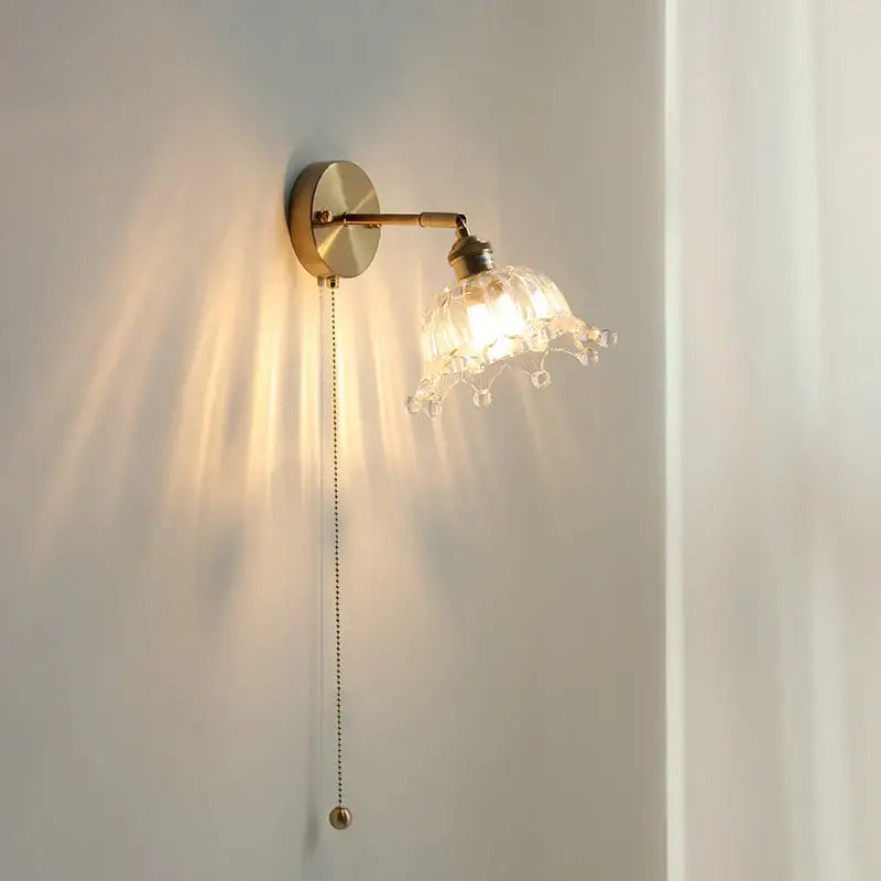 Crown glass led wall light with brass pull chain bedroom fixture