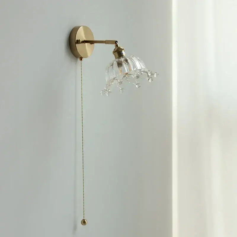 Crown glass led wall light with brass pull chain bedroom fixture