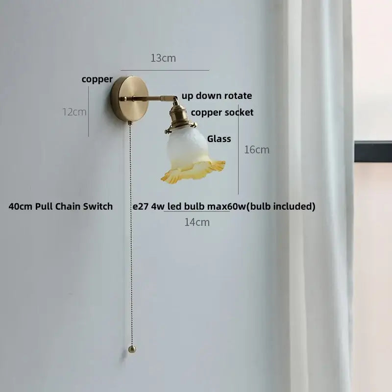 Crown glass led wall light with brass pull chain bedroom fixture