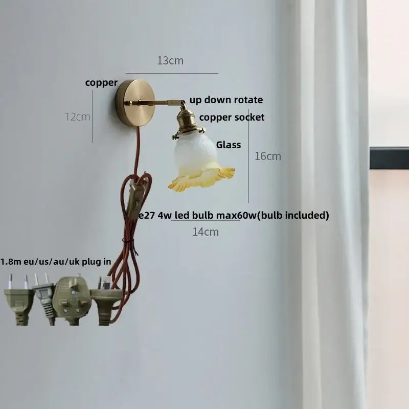 Crown glass led wall light with brass pull chain bedroom fixture