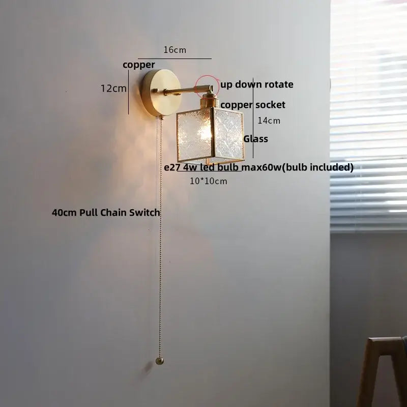 Crown glass led wall light with brass pull chain bedroom fixture