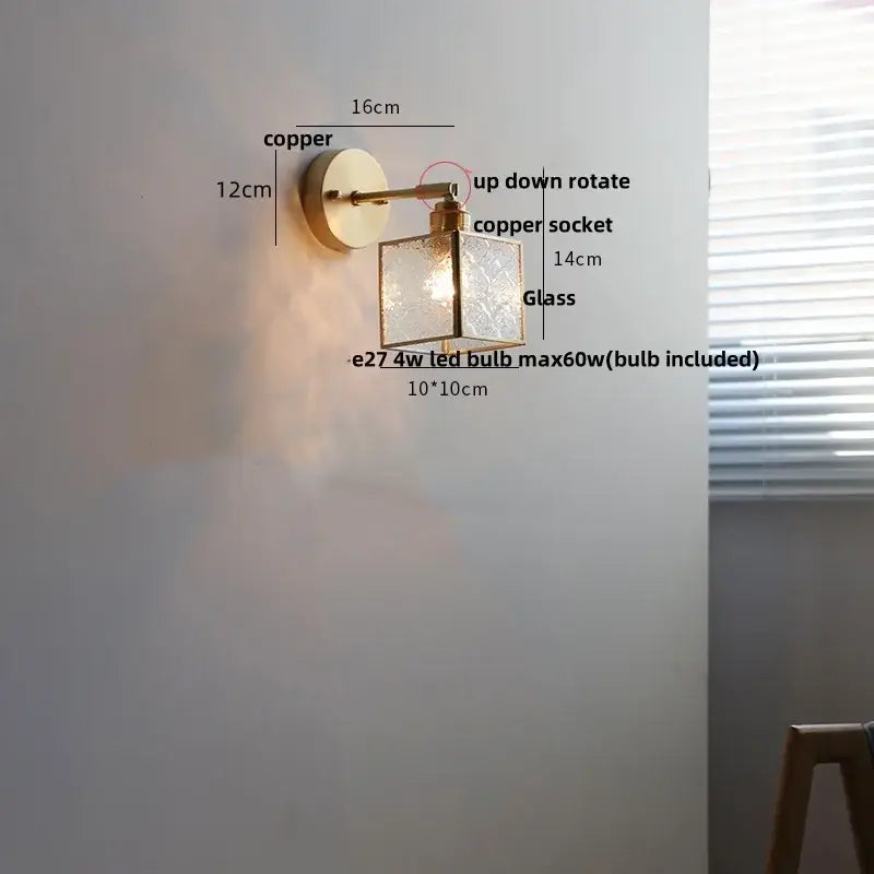Crown glass led wall light with brass pull chain bedroom fixture