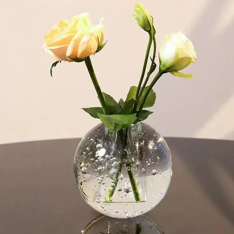 Crystal bubble ball vase with yellow artificial flowers for desk