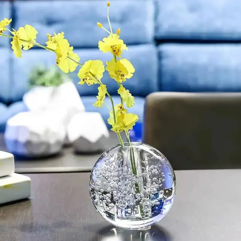Crystal bubble ball vase with yellow artificial flowers for desk