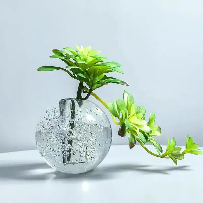 Crystal bubble ball vase with yellow artificial flowers for desk