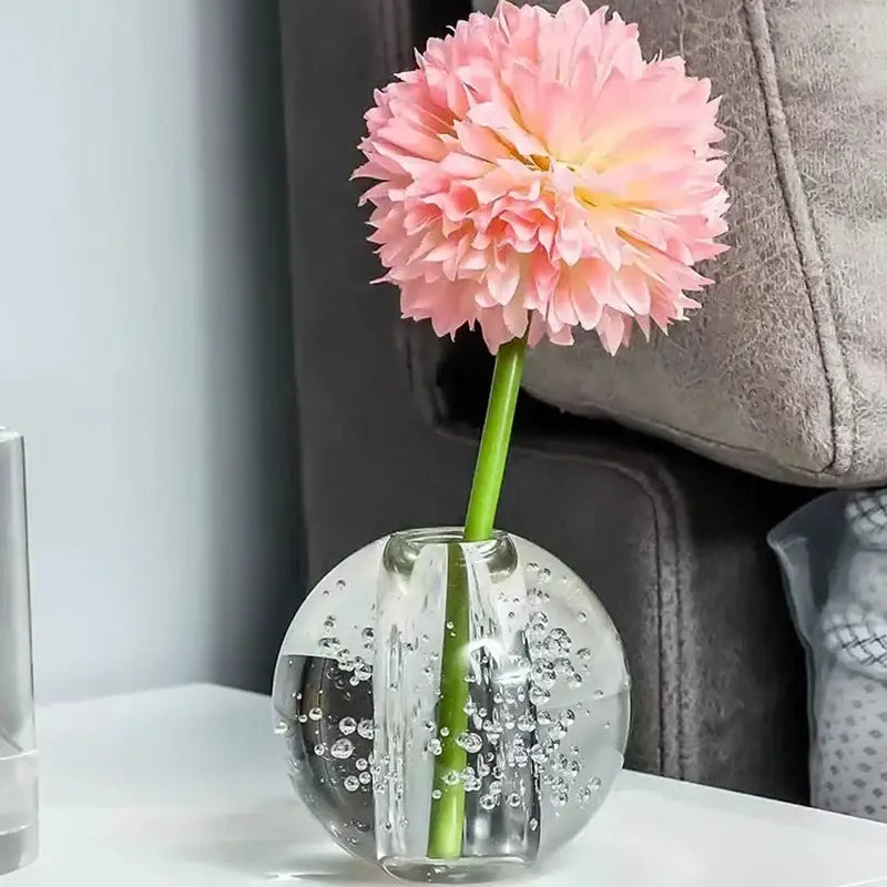 Crystal bubble ball vase with yellow artificial flowers for desk