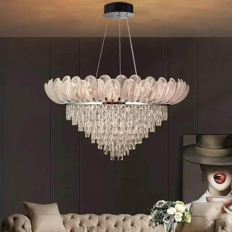 Crystal crown chandelier tiered glass light for living room