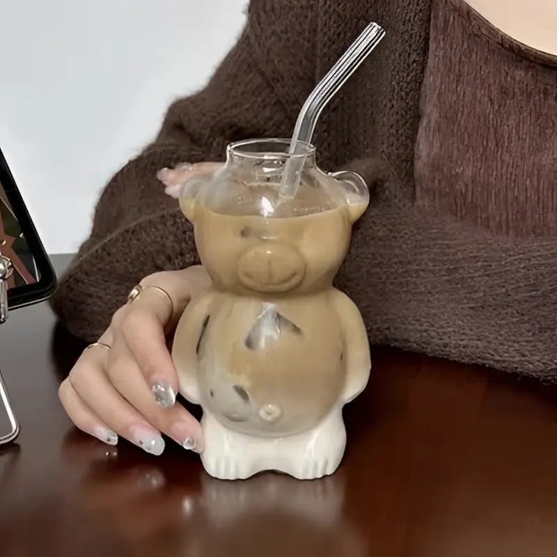 Cute bear glass cups with ceramic base – kitchen coffee drinkware