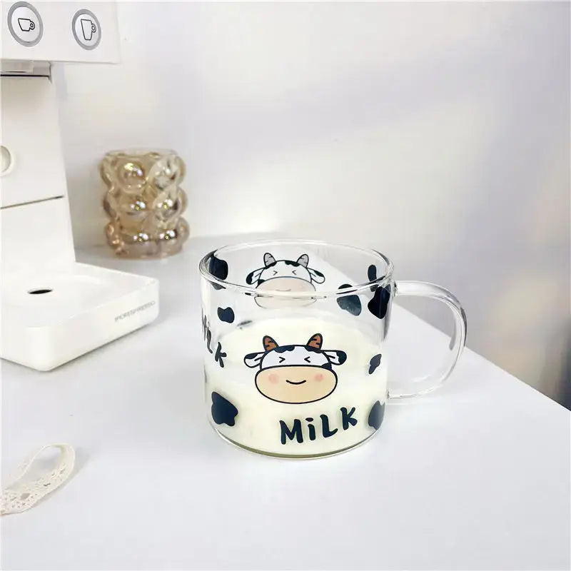 Cute cartoon cow pattern glass mug with spoon lid dining room