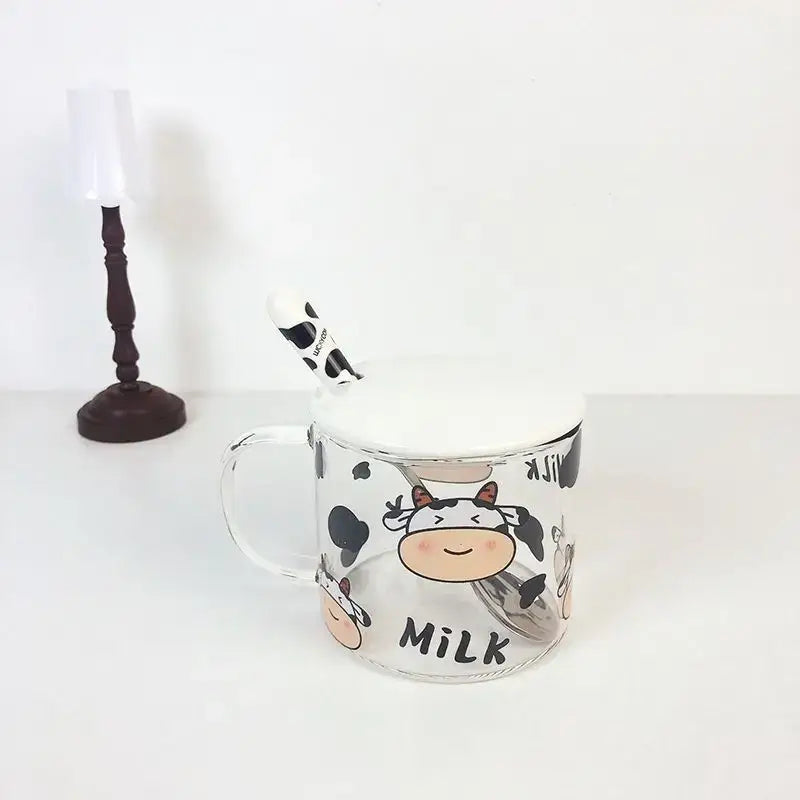 Cute cartoon cow pattern glass mug with spoon lid dining room