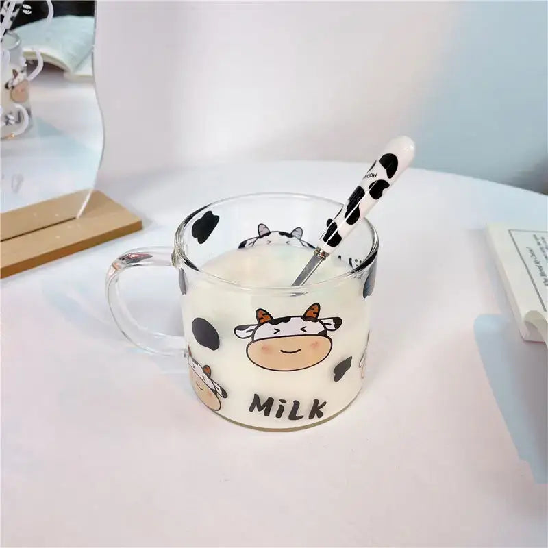 Cute cartoon cow pattern glass mug with spoon lid dining room