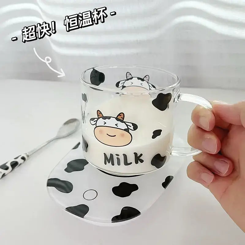 Cute cartoon cow pattern glass mug with spoon lid dining room