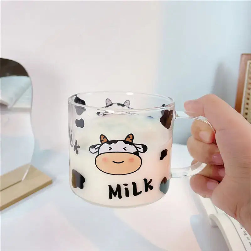 Cute cartoon cow pattern glass mug with spoon lid dining room