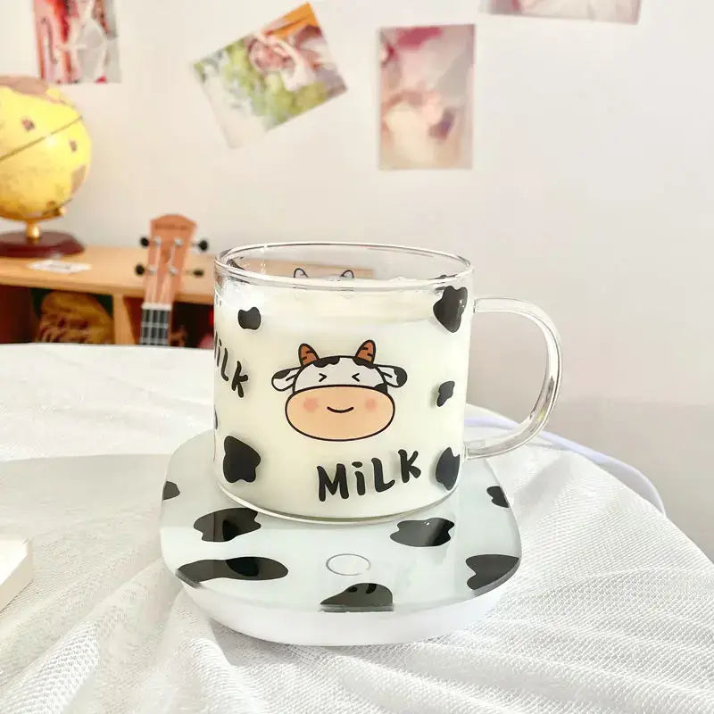 Cute cartoon cow pattern glass mug with spoon lid dining room