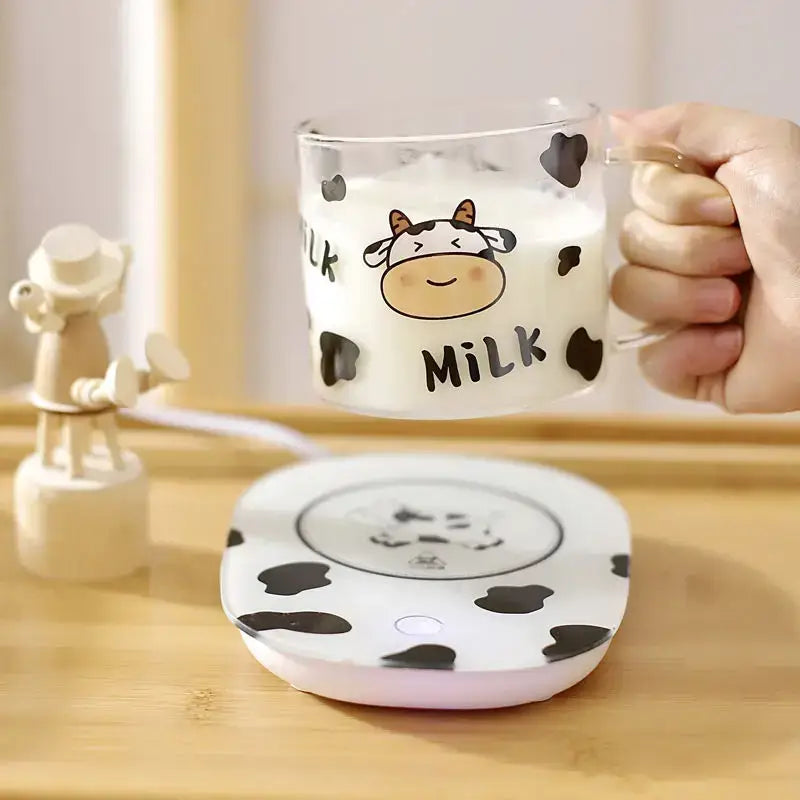 Cute cartoon cow pattern glass mug with spoon lid dining room