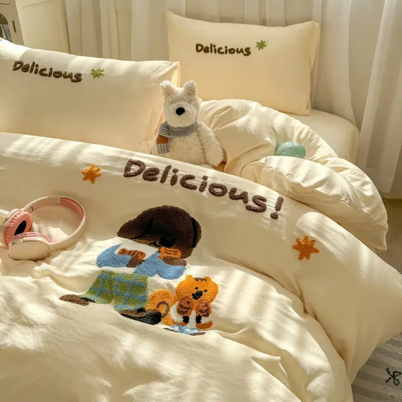 Cute teddy bear cartoon embroidery bed set bedroom soft blue bedding