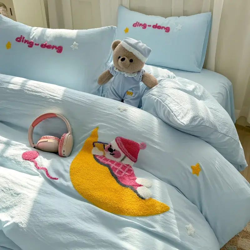 Cute teddy bear cartoon embroidery bed set bedroom soft blue bedding