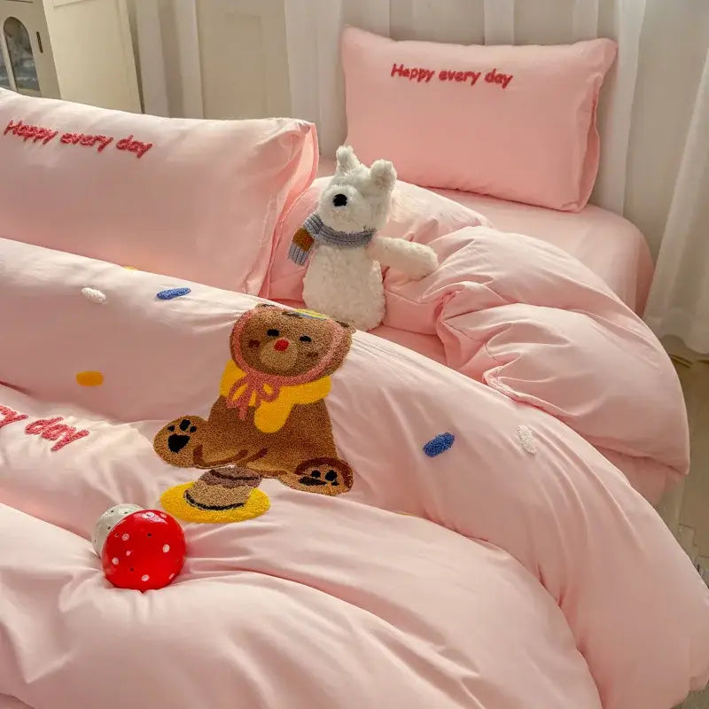 Cute teddy bear cartoon embroidery bed set bedroom soft blue bedding