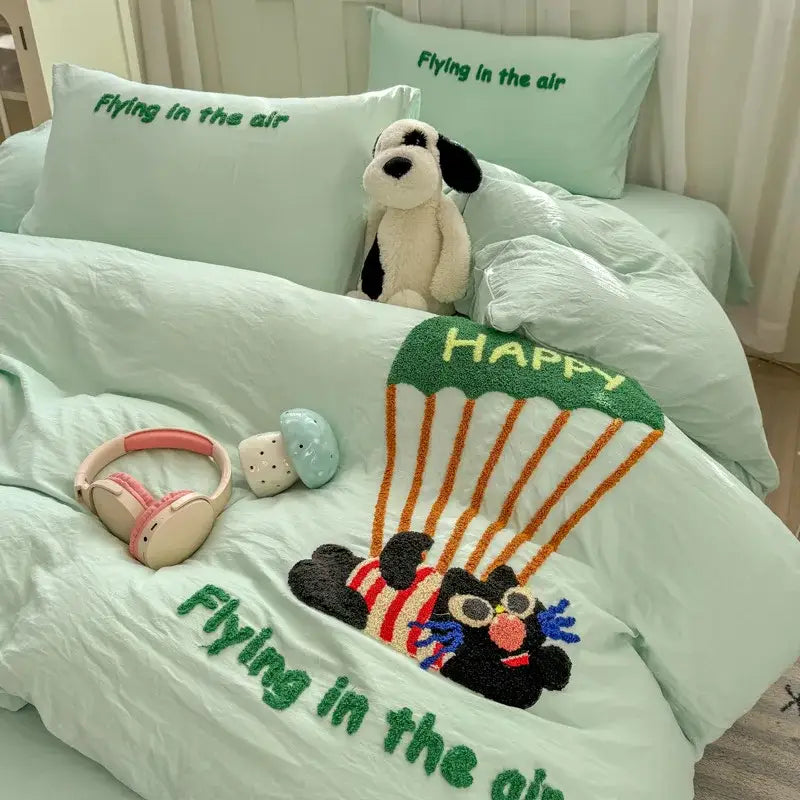 Cute teddy bear cartoon embroidery bed set bedroom soft blue bedding