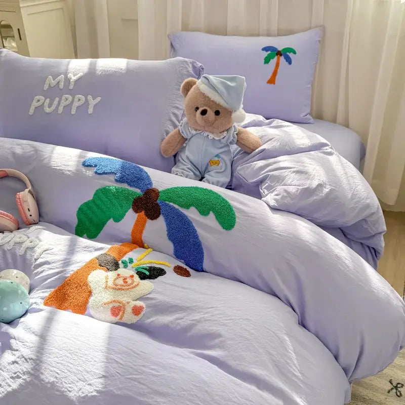 Cute teddy bear cartoon embroidery bed set bedroom soft blue bedding