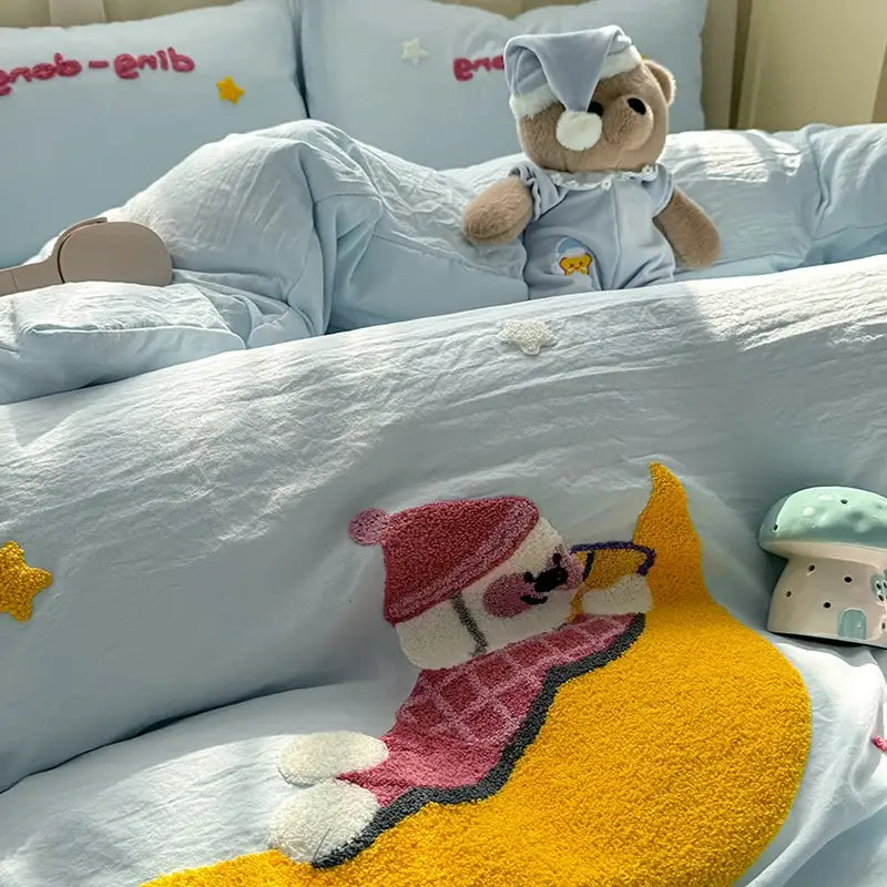 Cute teddy bear cartoon embroidery bed set bedroom soft blue bedding