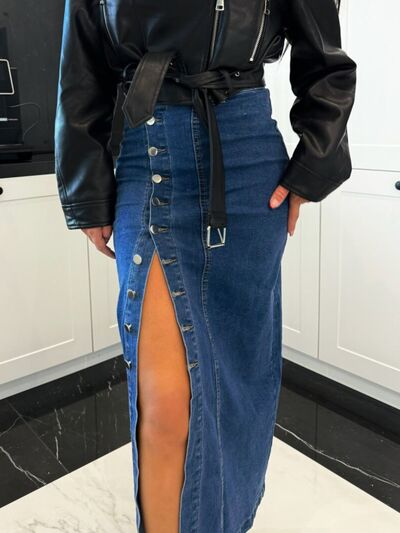 Women's Front Button Slit Maxi Denim Skirt