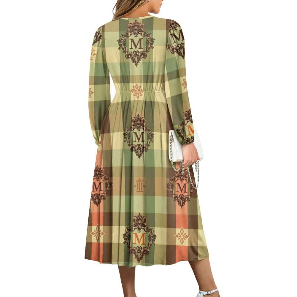 V-Neck Long Sleeve Midi Dress