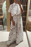 Solid Color Sexy Cutout Cardigan Blouse Wide Leg Two-piece Set