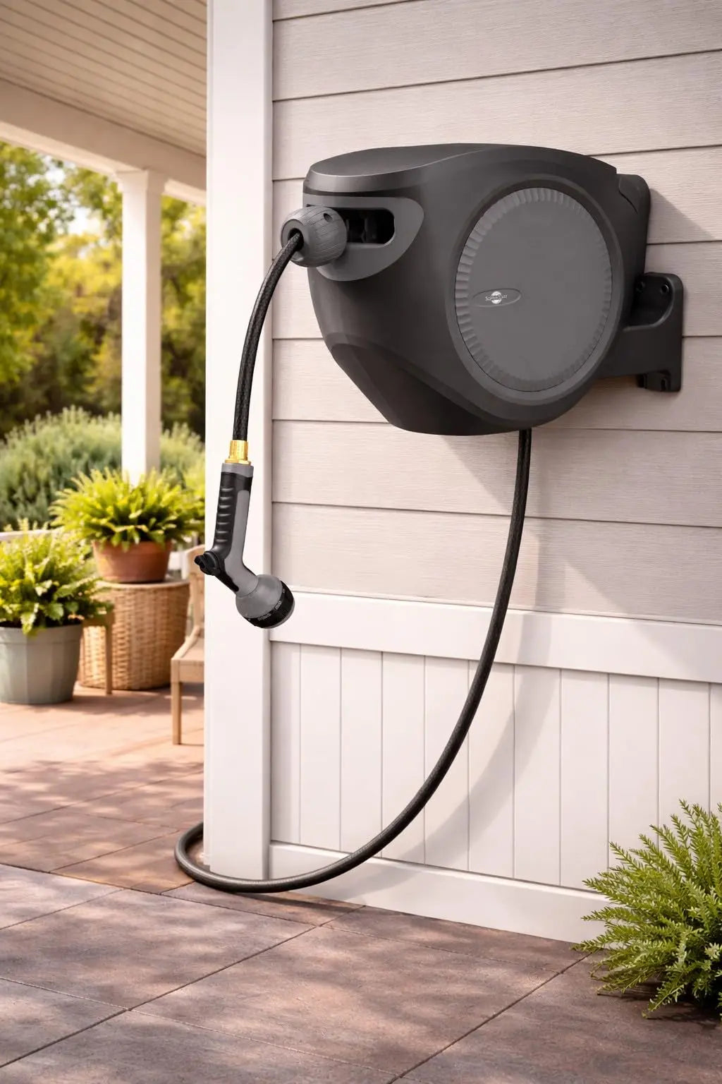 Sunneday Retractable Hose Reel | 75 ft 1/2" | Auto Rewind | 180° Swivel Wall Mount | Multi-Pattern Nozzle | Black/Gray