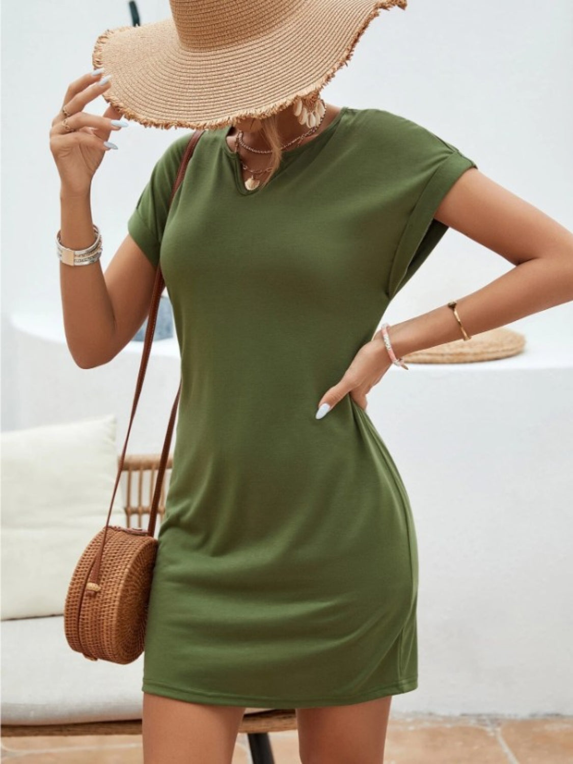 Notched Sleeve Mini Dress
