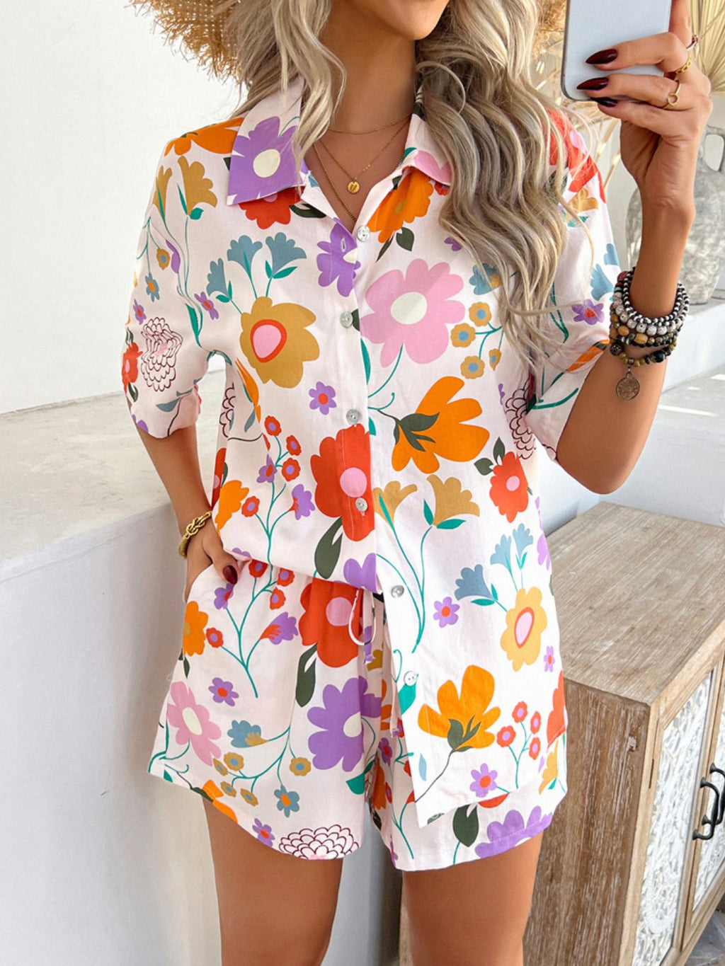 Women's Devine Printed Button-Down Romper Set Bottoms