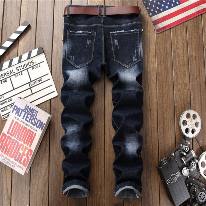 Blue With Holes Slim Fit Men's Pants