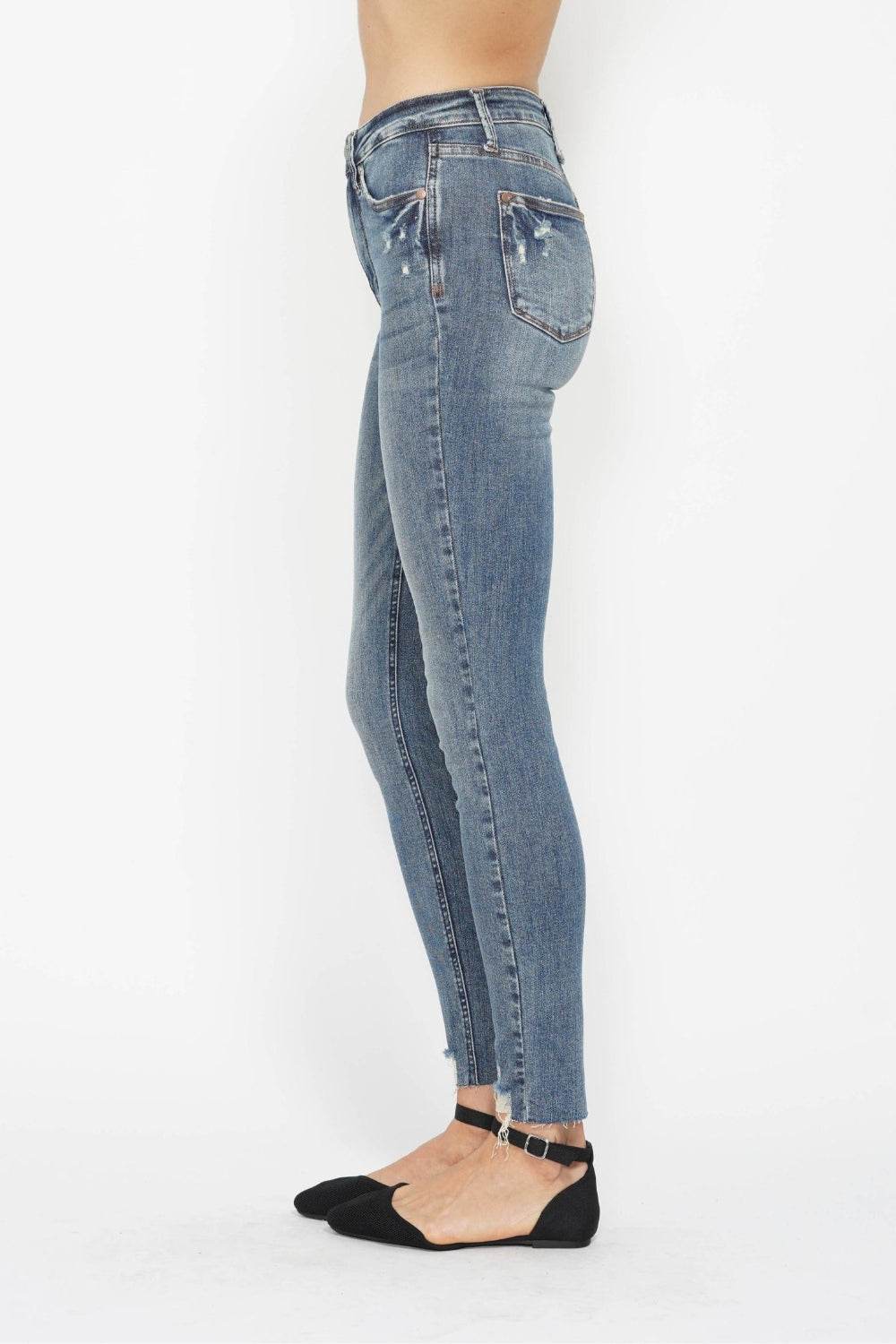 Judy Blue Full Size Tummy Control Vintage Wash Hem Destroy Skinny Women Jeans