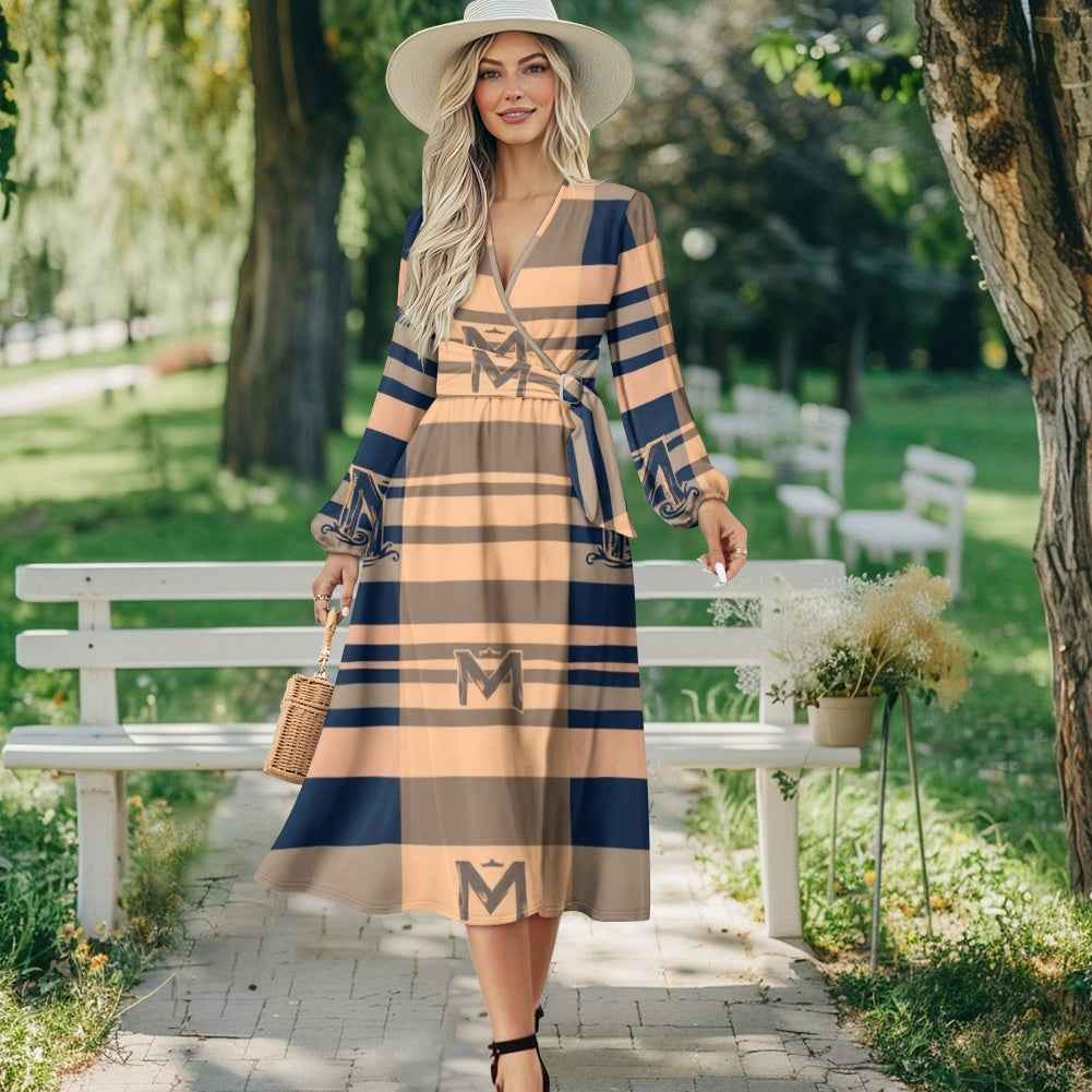 MUNSIEUR V-Neck Long Sleeve Tie Waist Midi Dress