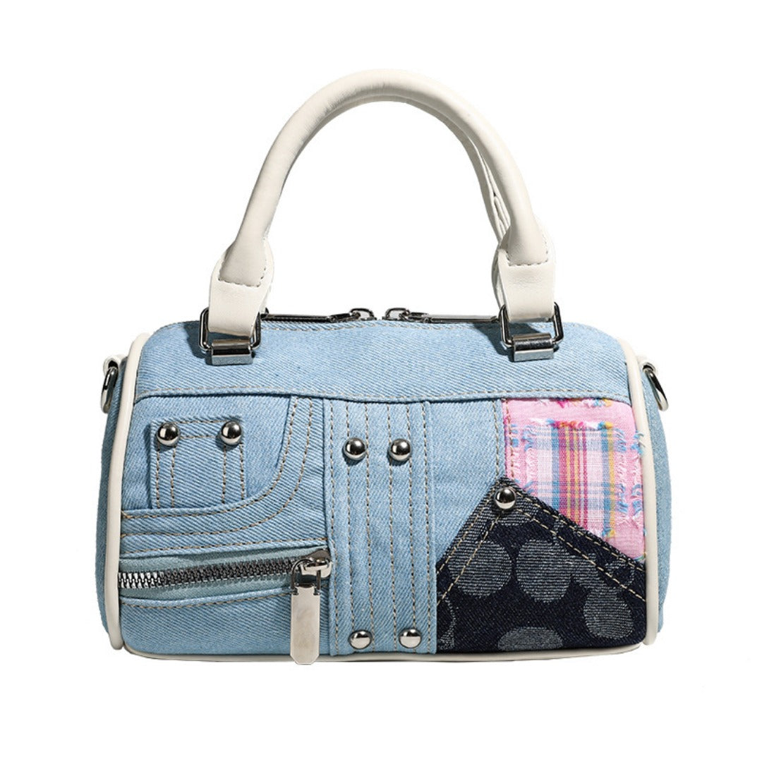 Boston bag women, design splicing pink small tote purse, girl versatile fashion handbag