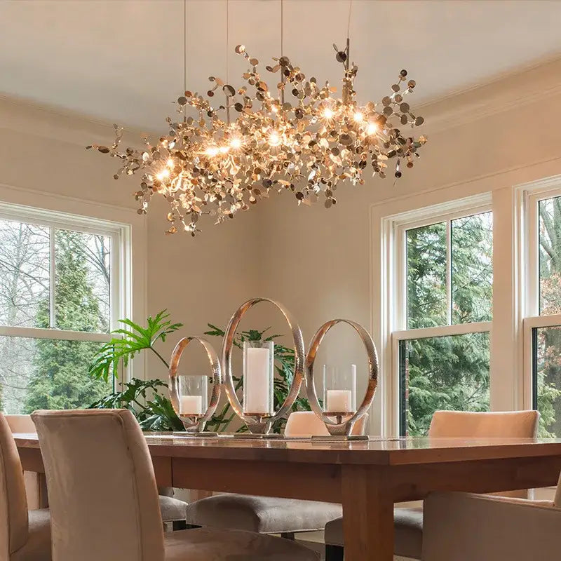 Dandelion gold & silver chrome leaf led chandelier dining room light