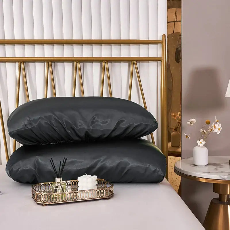 Dark gray imitation silk elastic band pillowcase set bedroom bedding