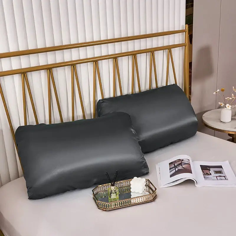 Dark gray imitation silk elastic band pillowcase set bedroom bedding