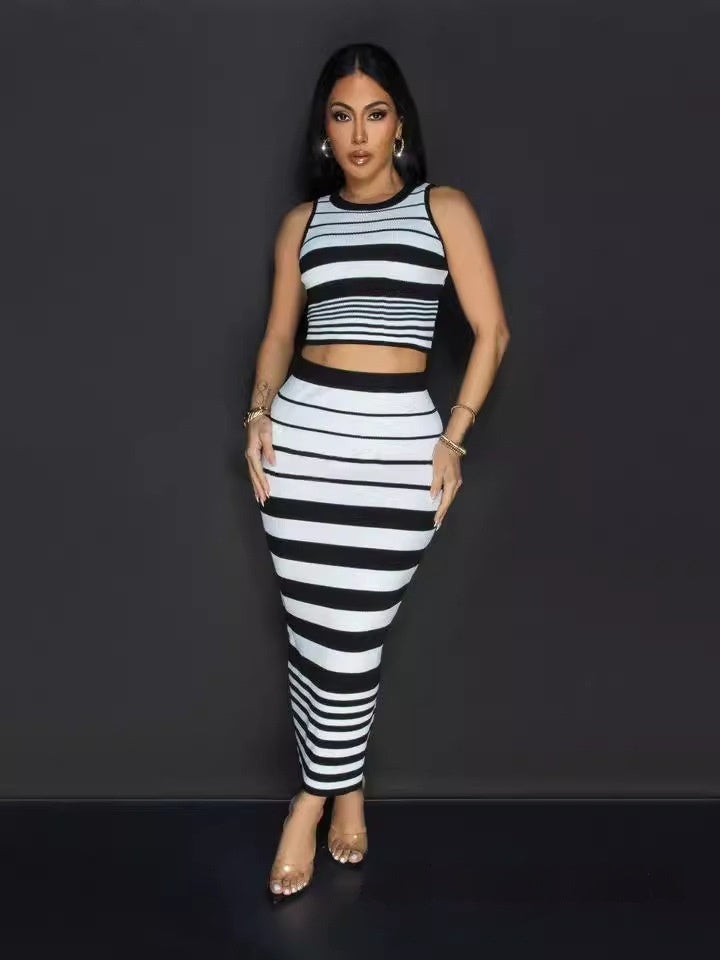 Women's Cute Hip Skirt Set Striped Maxi