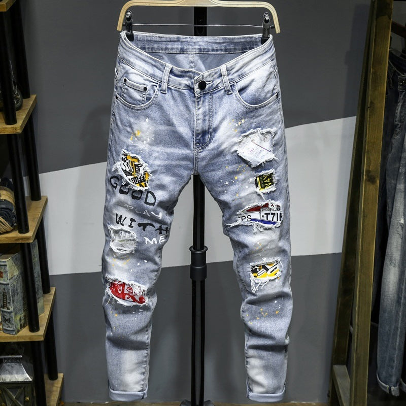 Men's Fashion Stretch Spray Paint Ripped
