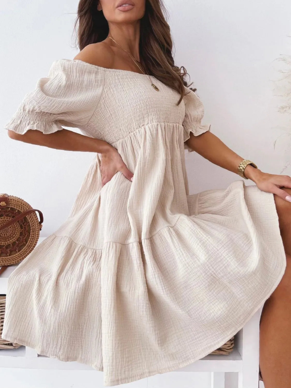 Smocked Off-Shoulder Mini Dress