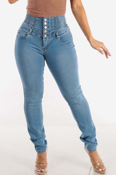 High Waist Buttoned Skinny Hip Lifting Jeans for Curves