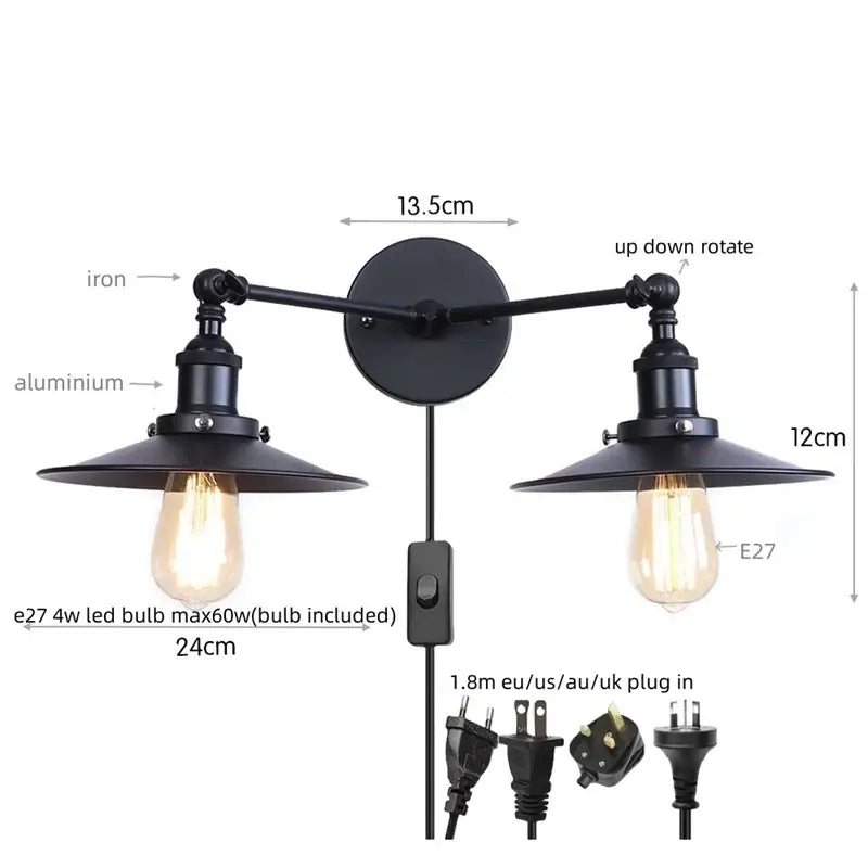 Industrial vintage black 2-head led wall lamp for living room