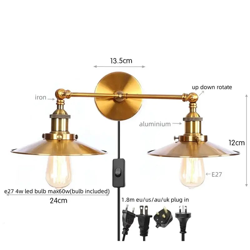 Industrial vintage black 2-head led wall lamp for living room