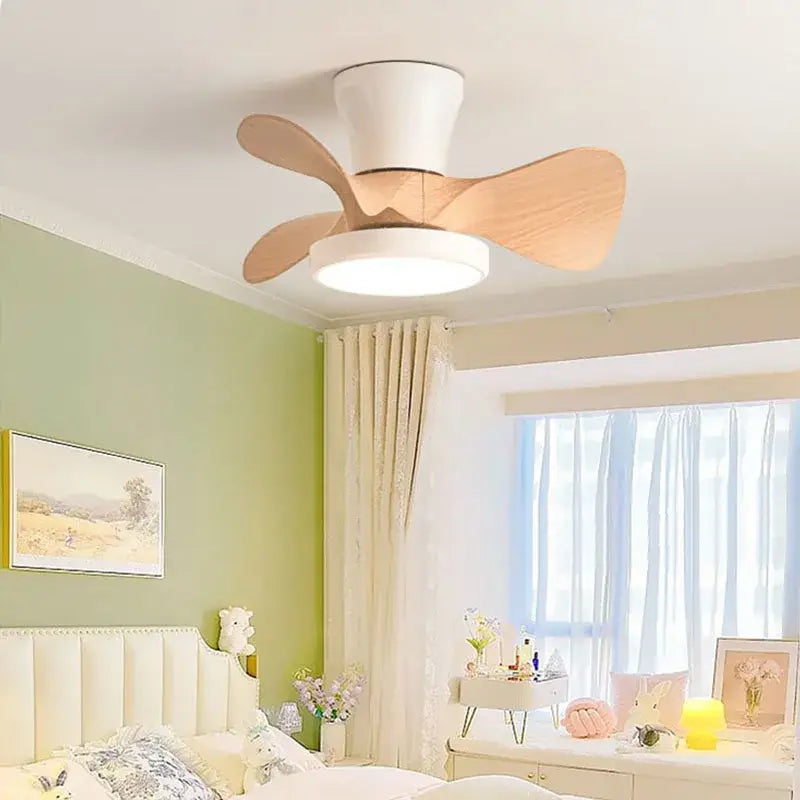 Modern white led ceiling fan with wooden blades bedroom light