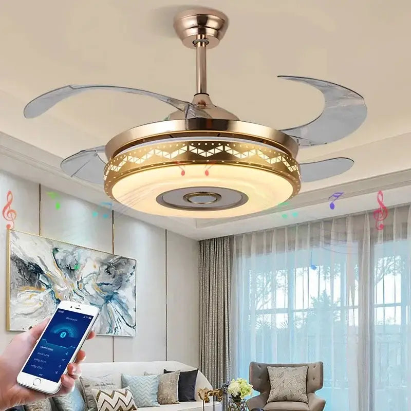 Modern gold bluetooth ceiling fan – bedroom rgb color light