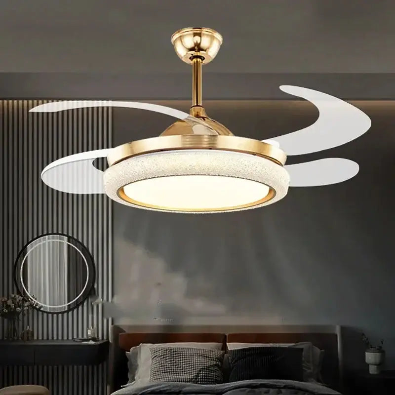 Gold crystal retractable ceiling fan light bedroom led fan light